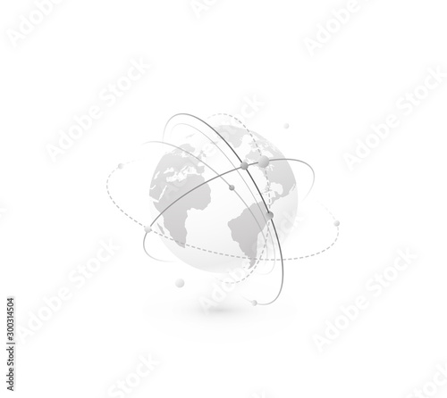 Global network world concept vector background. Technology globe with continents map and connection lines, dots and point. Digital data planet design in simple flat style, monochrome color