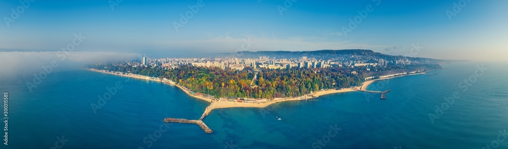 Varna, Bulgaria cityscape, aerial drone view over the city skyline - obrazy, fototapety, plakaty 