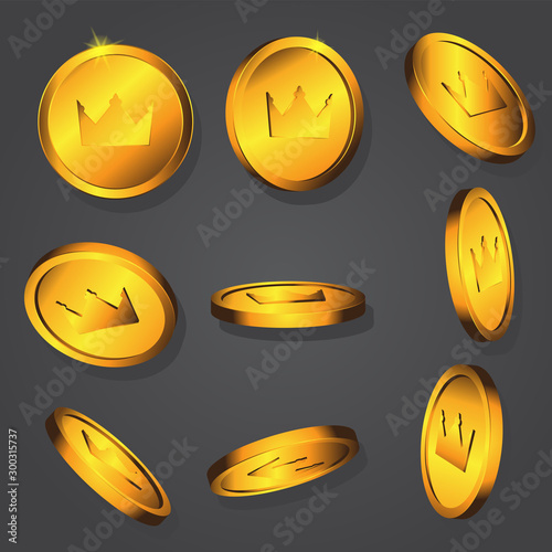 Gold coin with image of a crown on a dark background. Vector image.
