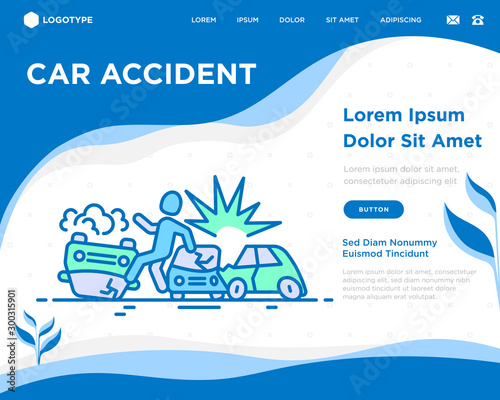 Car accident concept: crashed cars and inverted car thin line icons. Web page template for car insurance. Modern vector illustration with copy space.