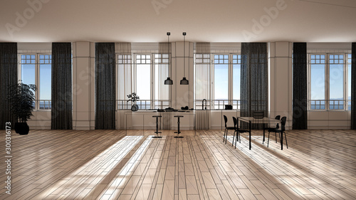 Empty white interior with parquet and panoramic windows  custom architecture design project  black ink sketch  blueprint showing modern kitchen  concept  mock-up  architect idea