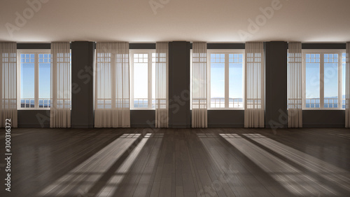 Empty room interior design  background with copy space  open space with big panoramic windows with curtains and sea view  parquet  stucco molded walls  classic architecture concept