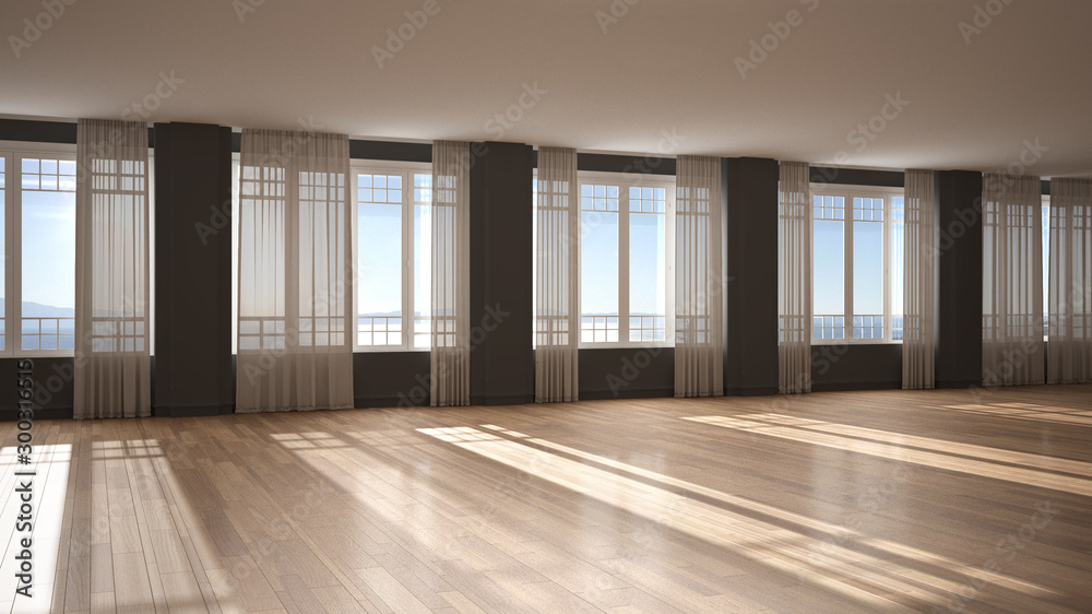 Obraz premium Empty room interior design, background with copy space, open space with big panoramic windows with curtains and sea view, parquet, stucco molded walls, classic architecture concept