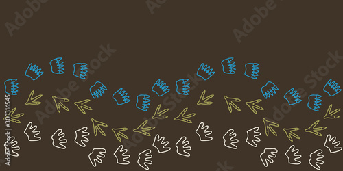 Vector colorful dino seamless border in brown. Simple doodle dinasaur footprints hand drawn made into repeat. Great for invitations, decor, packaging, ribbon, greeting cards, stationary, kids design
