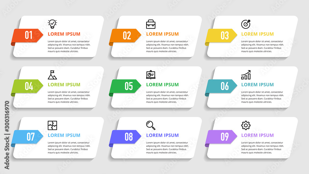 Nine colorful numbers or figures and rectangular elements or cards with place for text. Infographic design template. Creative vector illustration for business options, steps, processes.