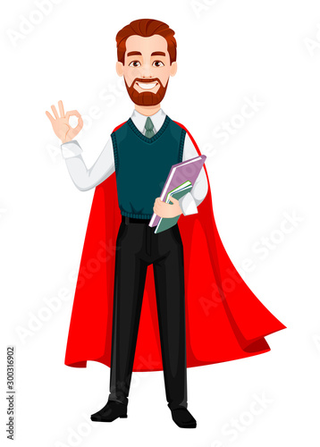 Handsome businessman wearing superhero cloak