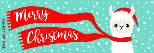 Merry Christmas banner. Alpaca llama baby face neck. Santa Claus red hat, scarf. Cute cartoon funny kawaii character. Happy New Year. Greeting card print. Flat design. Blue snow flake background.