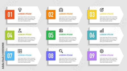 Nine colorful numbers or figures and rectangular elements or cards with place for text. Infographic design template. Creative vector illustration for business options, steps, processes.