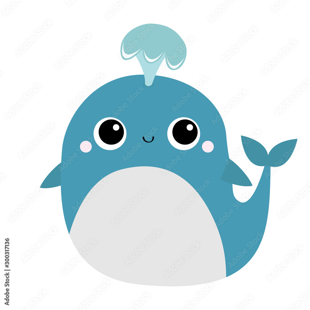 Blue whale with water fountain toy icon. Sea ocean life. Cute cartoon  kawaii funny character with eyes, tail, fin. Smiling face. Kids baby animal  collection. Flat design White background. Isolated. Stock Vector |