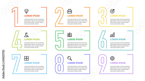 Nine colorful numbers or figures and rectangular elements or cards with place for text. Infographic design template. Creative vector illustration for business options, steps, processes.