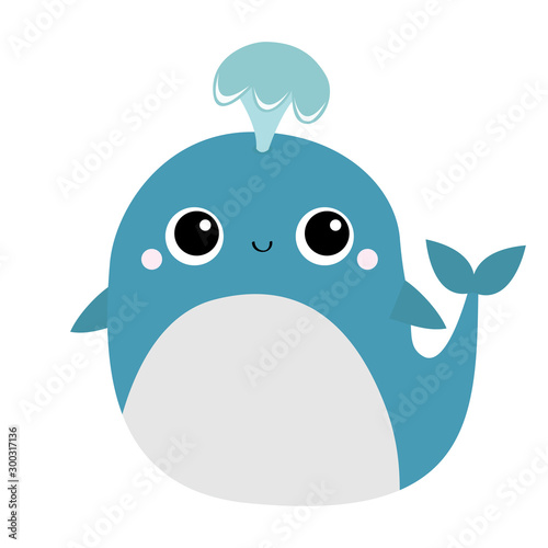 Blue whale with water fountain toy icon. Sea ocean life. Cute cartoon kawaii funny character with eyes, tail, fin. Smiling face. Kids baby animal collection. Flat design White background. Isolated.
