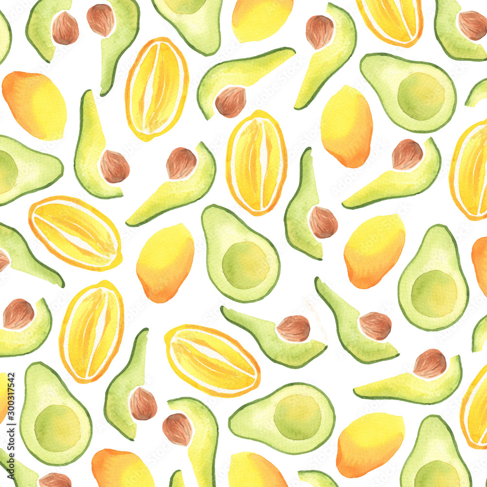 Pattern with avocado and lemon on a white background