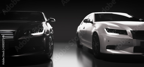 Two new modern cars, black and white. Compare concept © Photocreo Bednarek