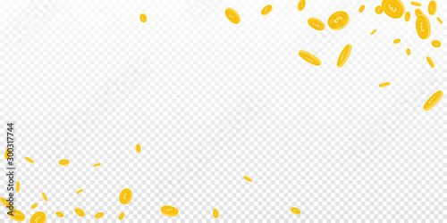 British pound coins falling. Scattered disorderly 