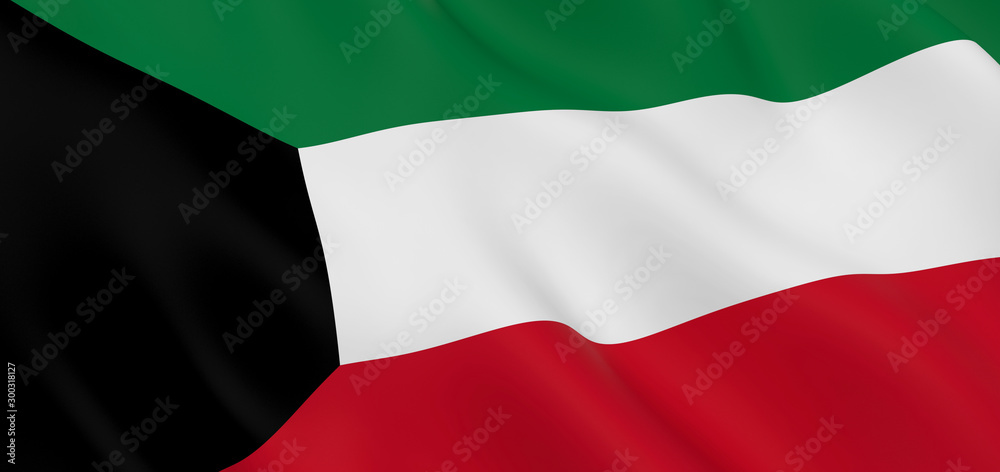 National Fabric Wave Closeup Flag of Kuwait Waving in the Wind. 3d rendering illustration.