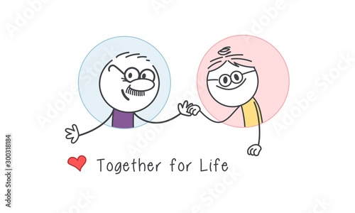 Happy couple in a round hole, grandmother, grandfather.