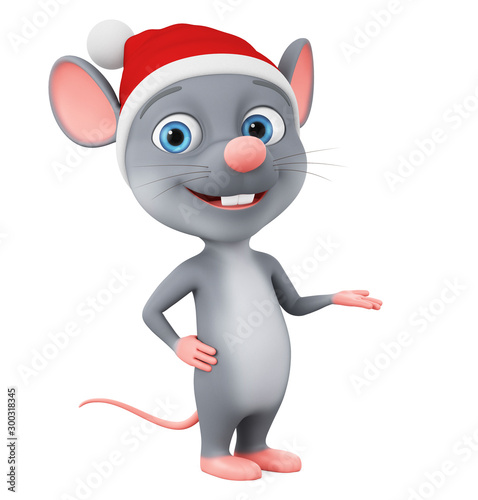 3d render. Cartoon character of a rat shows a blank space on a white background. Illustration for the new year 2020. photo