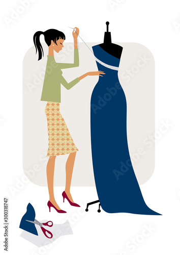 The young woman sews a dress. The dressmaker sews the lace.