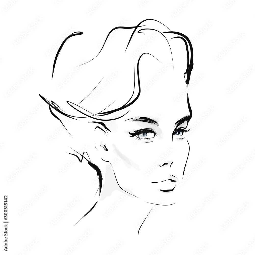Portrait of young woman with short hair. Face of beautiful girl. Hand-drawn illustration. Vector Portrait of young woman with short hair. Face of beautiful girl. Hand-drawn illustration. Vector