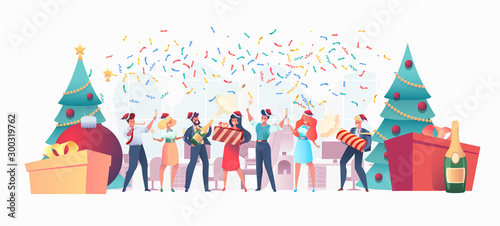 Vector flat office workers celebrate christmas a