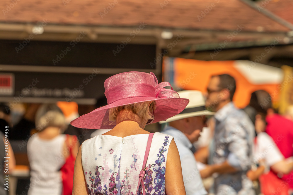 Frau mit rose Hut auf der Rennbahn Frau mit rose Hut auf der Rennbahn