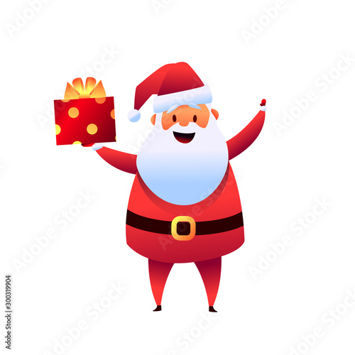 Vector cartoon santa claus with present box