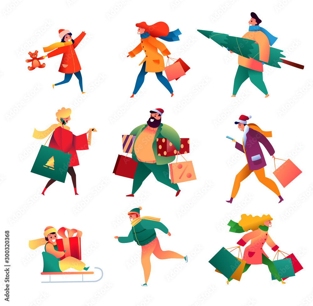 Fototapeta premium Vector winter people with presents outdoor set