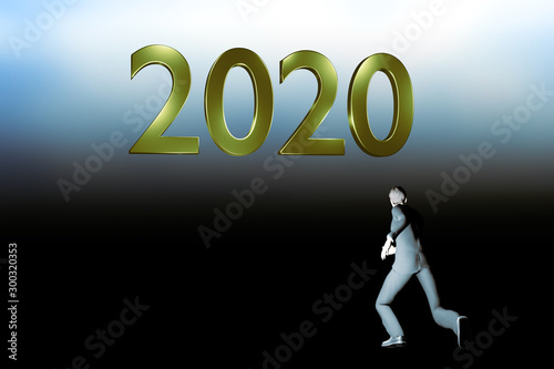 Man is running to the number 2020, 3D illustration