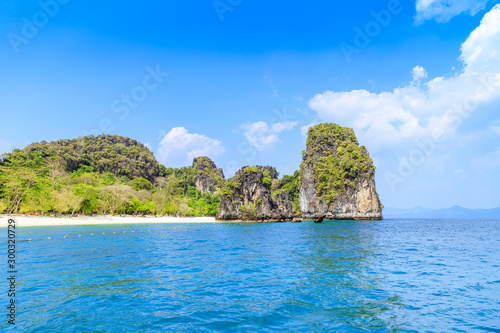 Beautiful beach and cliff with blue sea at Koh Hong Island at Krabi, Thailand