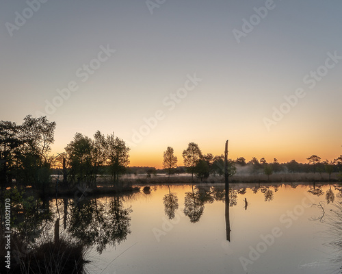 Morning's fog over lake reflection lueneburger heide