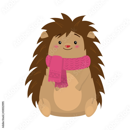 Brown hedgehog sitting and wearing pink winter scarf vector illustration