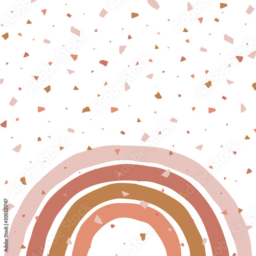Abstract background with terrazzo and simple geometric rainbow. Simple stripy arc bow on terracotta mozaic texture. Childish vector illustration in Scandinavian style in earth colours palette.