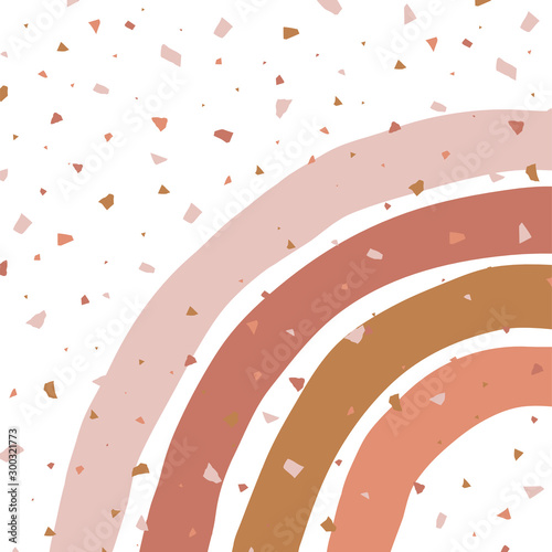 Abstract background with terrazzo and simple geometric rainbow. Simple stripy arc bow on terracotta mozaic texture. Childish vector illustration in Scandinavian style in earth colours palette.