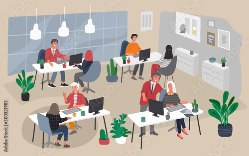 Office interior with group workers communicating or talking to client or conversations between teamwork at workplace. Vector cartoon concept illustration for business, finance, cover