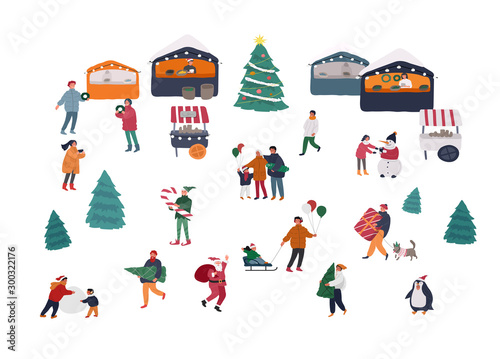 Christmas holiday outdoor fair or street market on town square. Merchants and customers cartoon characters people walking between decorated stalls or kiosks. Holiday New year