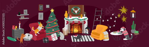 Christmas home decorations with pets. Scandinavian interior with cute cat and dog dressed in Christmas costumes. Cozy Winter holiday season. Illustration and New year typography in Hygge style