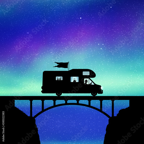 Retro car on bridge at night. Vector illustration with silhouette of man traveling in camper. Solo road trip. Northern lights in starry sky. Colorful aurora borealis