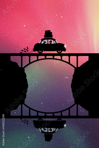 Retro car on bridge at night. Vector illustration with silhouettes of woman and dog traveling in camper. Family road trip. Northern lights in starry sky. Colorful aurora borealis
