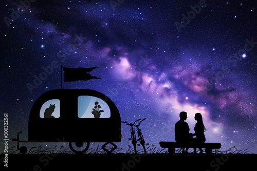 Lovers near camper trailer at night. Vector illustration with silhouette of couple sitting on log on campsite. Family road trip. Space dark background with starry sky and Milky Way
