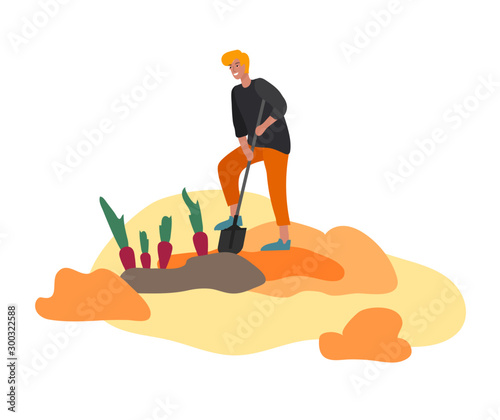 Man gathering crops or seasonal harvest, collecting ripe vegetables. Boy work on a farm. Agricultural worker in autumn. Cartoon vector illustration