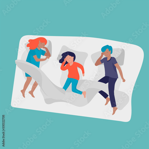 Sleeping children character. Boy and girl sleep in bed together and alone in various poses, different postures during night slumber. Top view. Colorful vector illustration