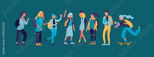 Happy teenagers and students. Group of friends character are laughing and talking. Stylish smiling boys and girls. Young generation pupils or millennials. Colorful cartoon concept vector illustration photo