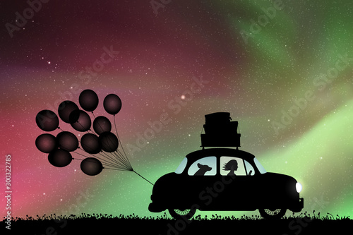 Retro car on road at night. Vector illustration with silhouettes of people and dog traveling in camper. Family road trip. Northern lights in starry sky. Colorful aurora borealis