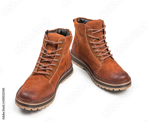hiking red suede boots on an isolated white background