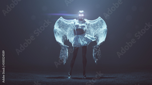 Supernatural Being Angel with Wings in a Foggy Void with Glowing Eyes and Lens Flare 3d Illustration 3d render © paul