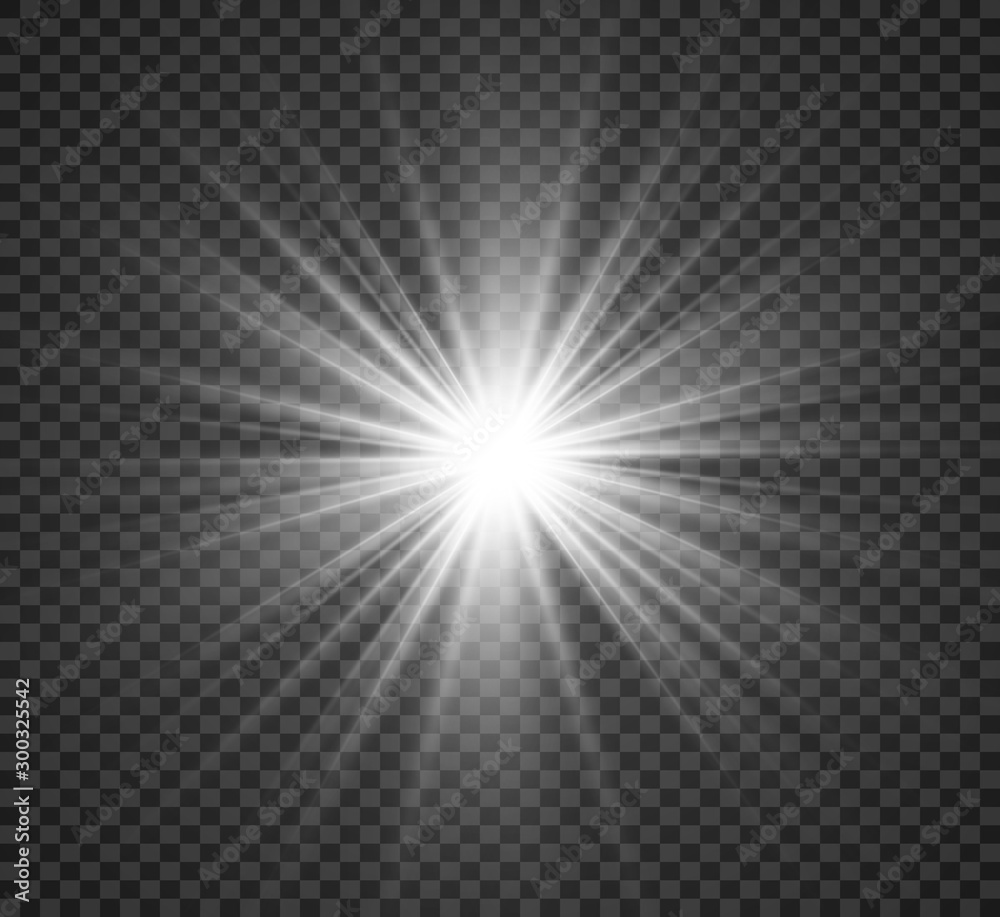 White beautiful light explodes in a transparent explosion. Vector, bright illustration for a perfect effect with sparkles. Bright Star. Transparent gloss gloss gloss, bright flash.
