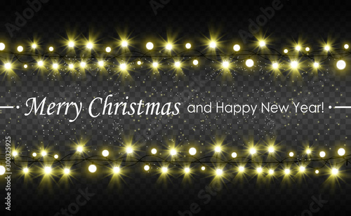 Christmas bright, beautiful lights, design elements. Glowing lights for design of Xmas greeting cards. Garlands, light Christmas decorations.