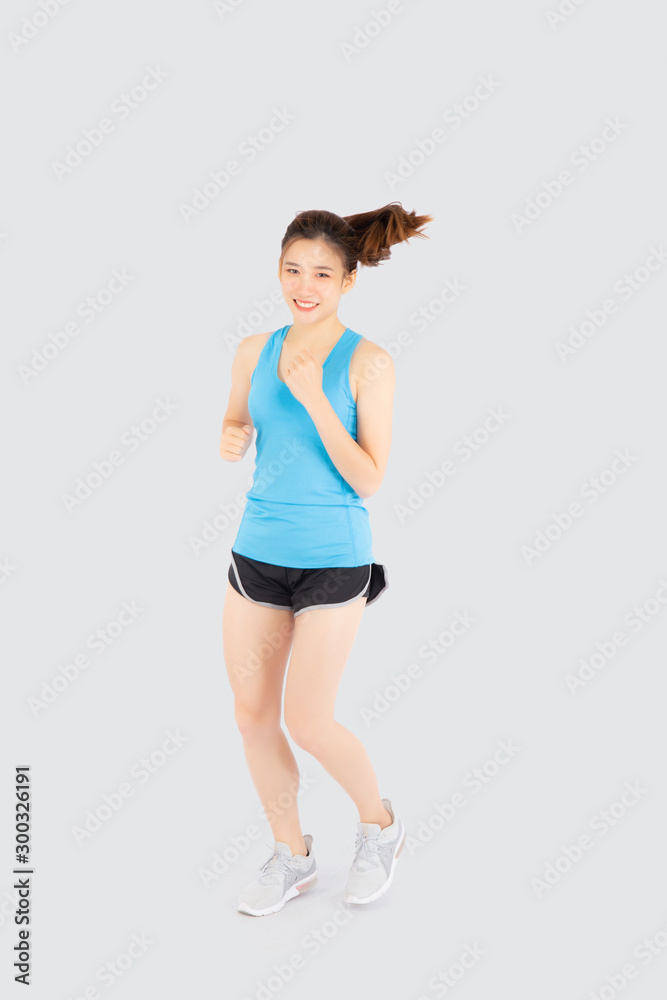 Beautiful young asian woman happy and smiling jogging isolated on white background, asia girl cheerful in sport is activity exercise cardio and workout with running for healthy, health concept. Beautiful young asian woman happy and smiling jogging isolated on white background, asia girl cheerful in sport is activity exercise cardio and workout with running for healthy, health concept.