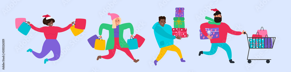 shopping running people with bags and boxes winter sale concept shopping running people with bags and boxes winter sale concept