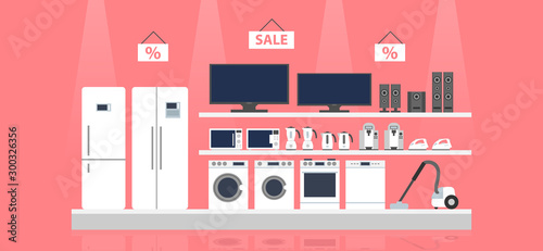 household appliances electoronics retail store shelves shopping sale vector illustration